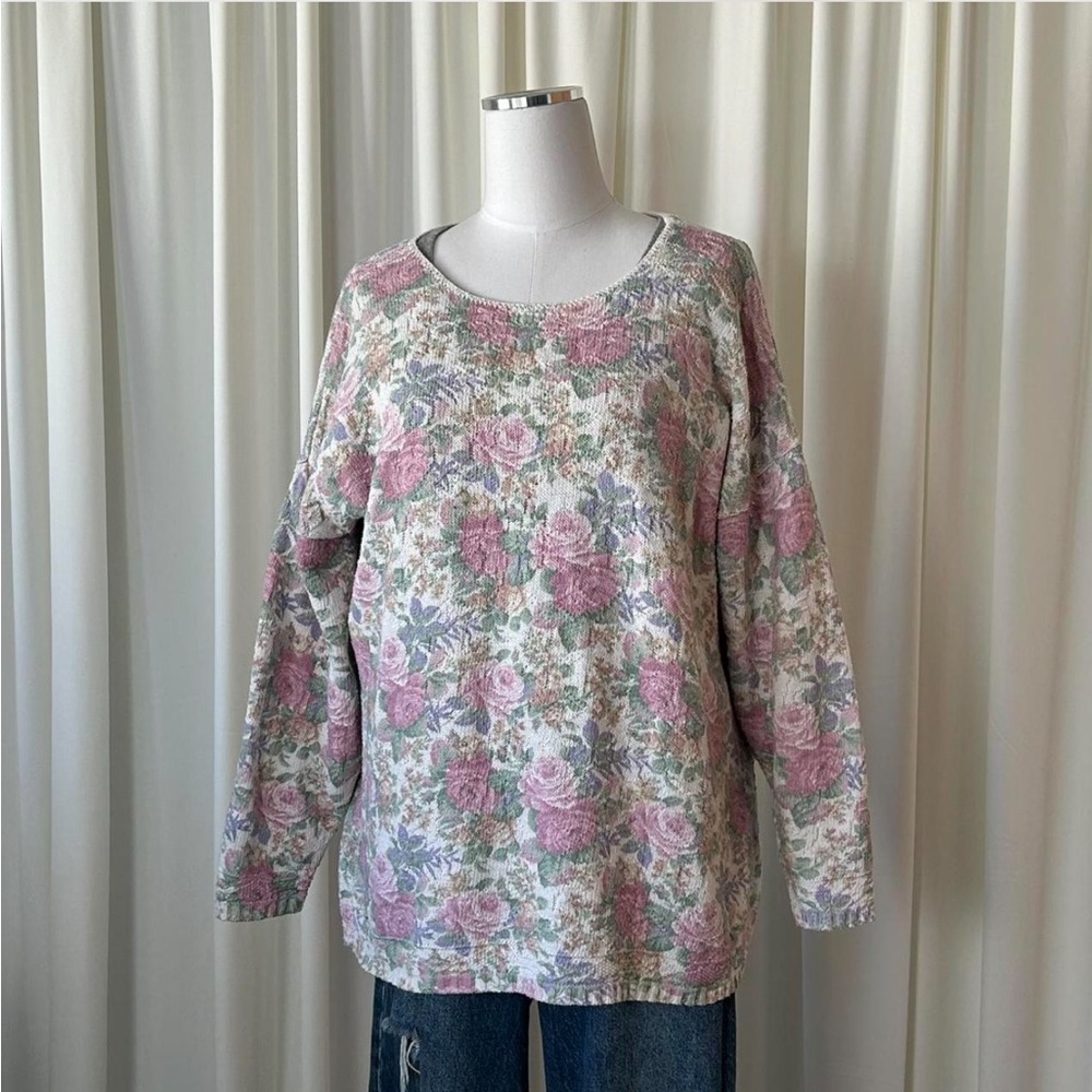 Vintage Glory US Floral Knit Sweater Shabby Chic Rose Print Pastel Pullover. - Picture 2 of 8